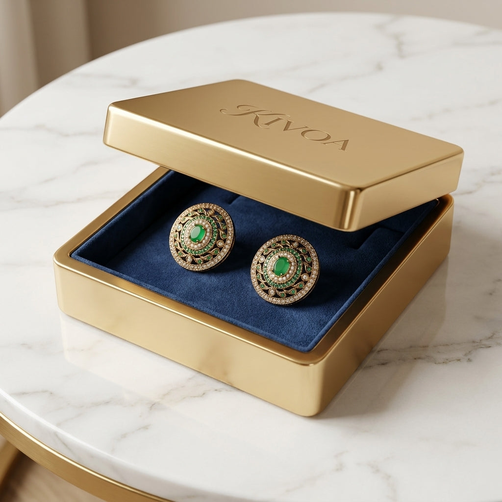 Antique Gold Finish Green Kemp & Pearl Circular Stud Earrings