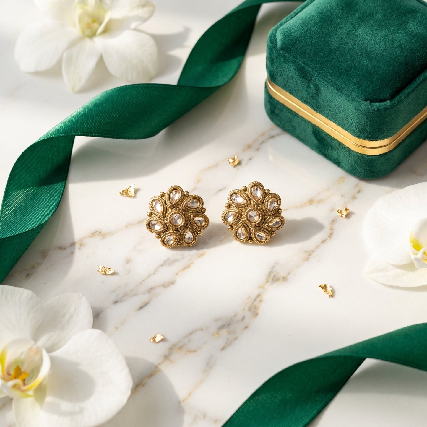 Luxurious Antique Gold Floral Stud Earrings with Crystal Accents