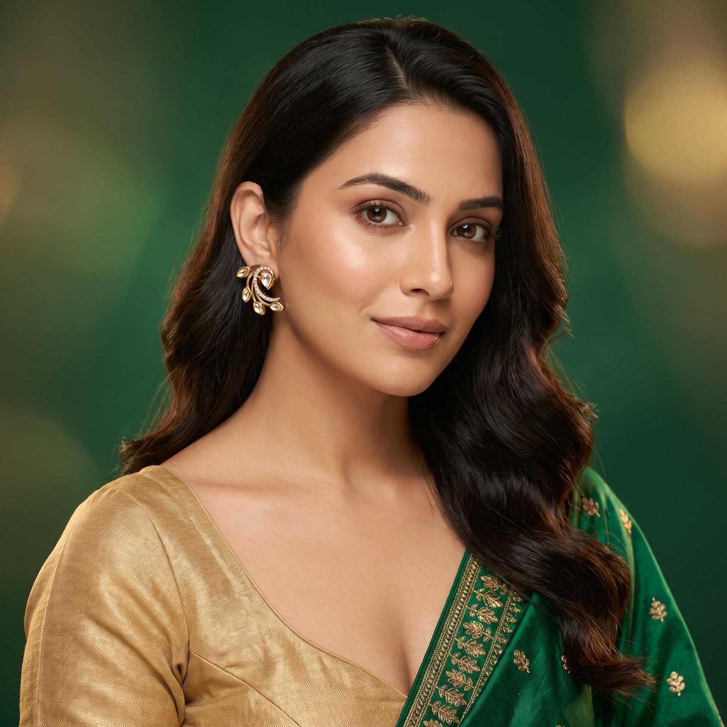 Elegant Gold Plated Kundan-Style Leaf Earrings