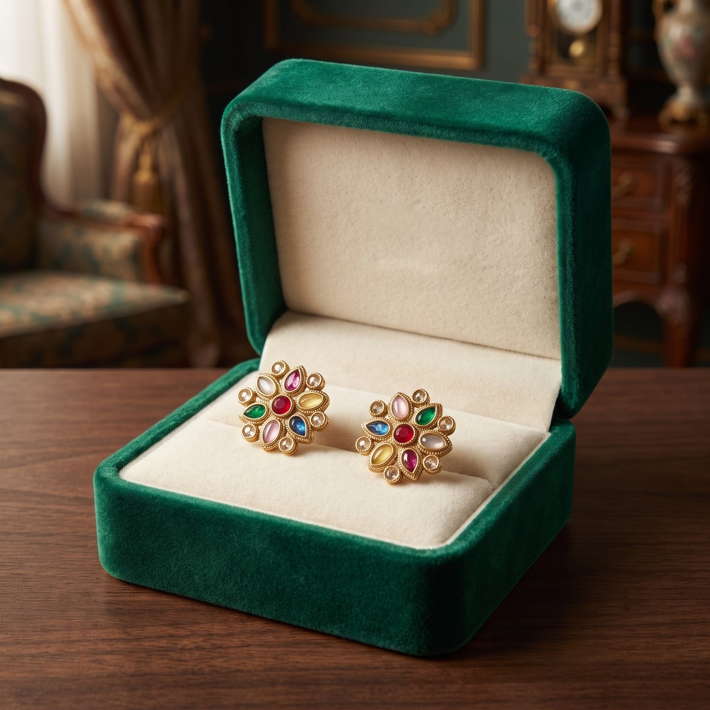 Vibrant Multi-Color Gemstone Floral Stud Earrings
