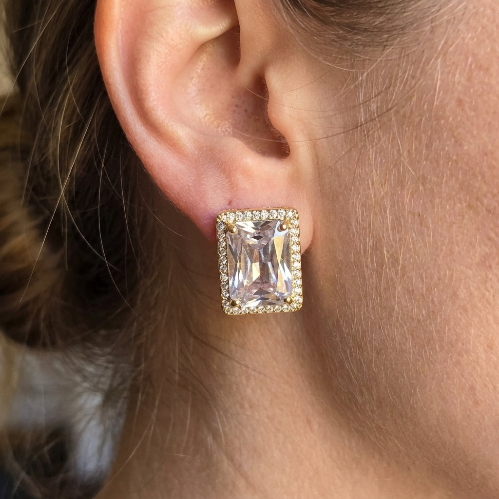 Radiant Gold Emerald Cut Halo Stud Earrings