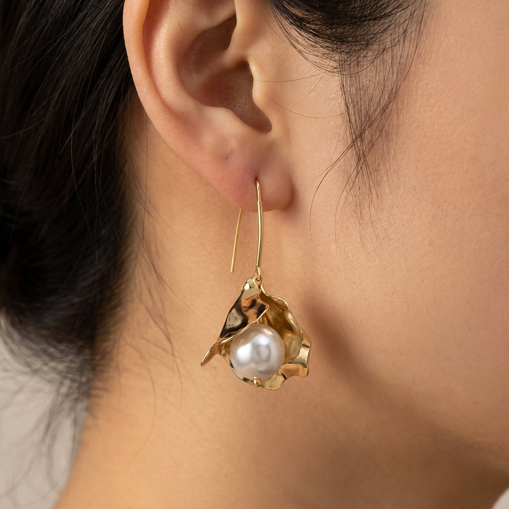Gold Sculptural Petal Drop Earrings with Pearl