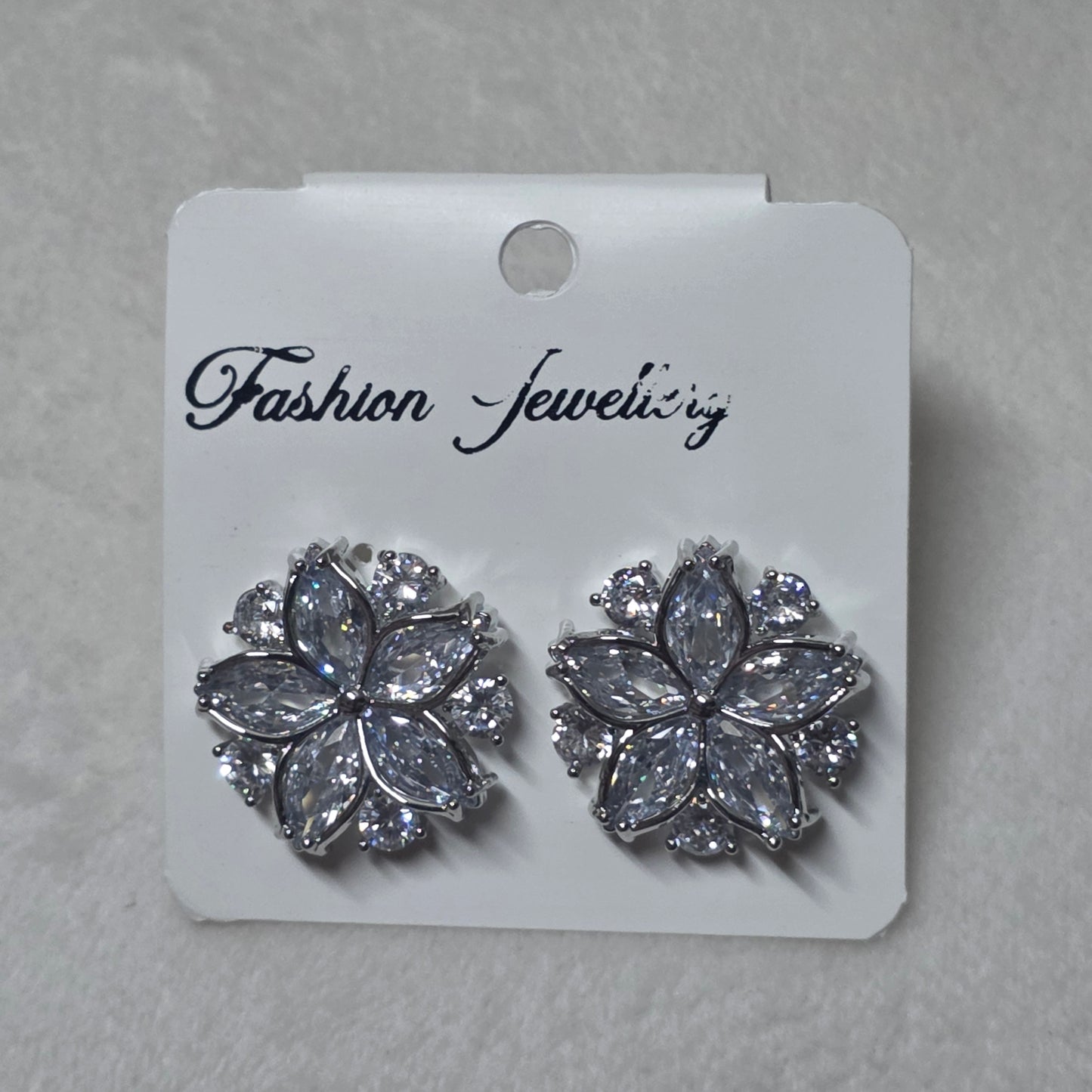 Silver Floral Cluster Stud Earrings - Sparkling Crystal Design