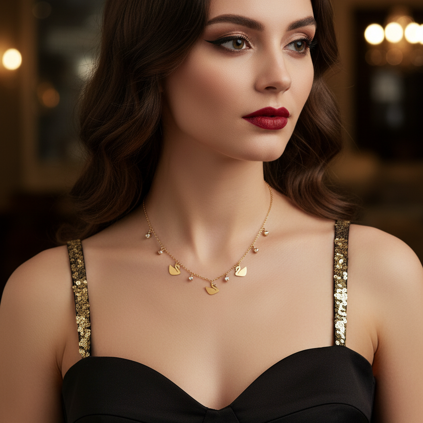 Gold Tone Dainty Heart & Crystal Charm Necklace
