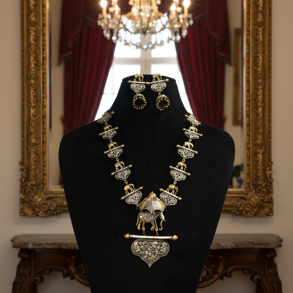 Rajasthani Elephant Motif Silver & Gold Plated Necklace Set - Traditional Indian Jewelry