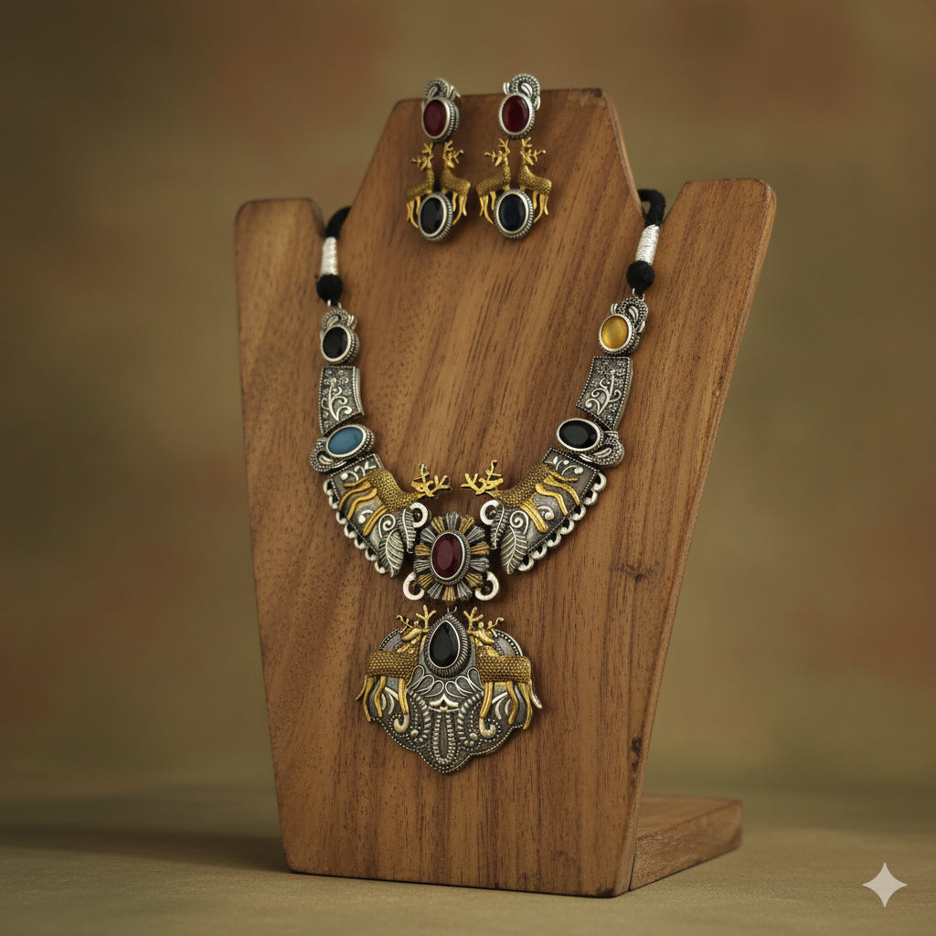 Oxidized Dual-Tone Temple Jewelry Necklace Set with Gemstones - Ethnic Indian Design