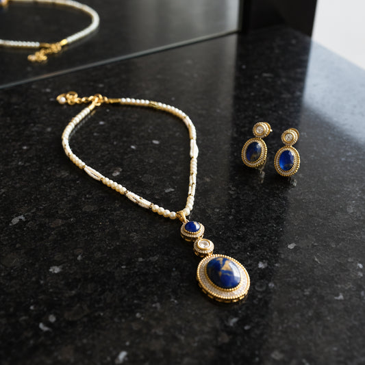 Lapis Lazuli & Pearl Gold Plated Necklace & Earring Set - Handcrafted Artisan Jewelry