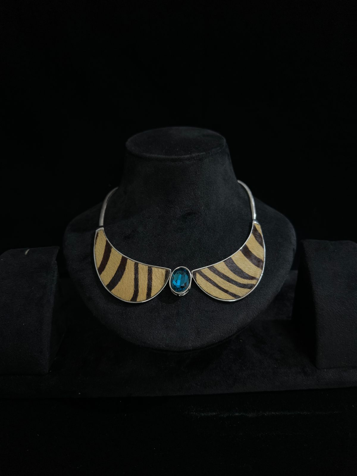 Safari Chic Zebra Print & Blue Topaz Collar Necklace - Unique Statement Jewelry