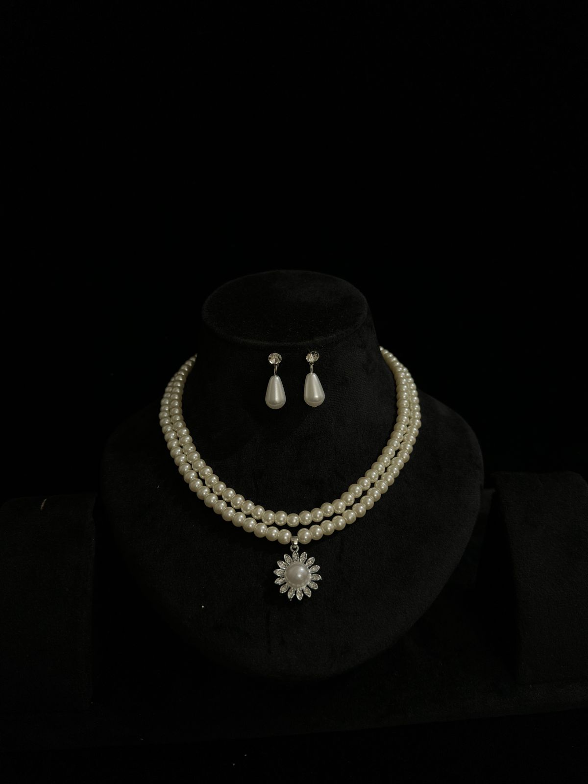 Elegant Double-Strand Pearl Necklace & Dangle Earring Set with Crystal Flower Pendant