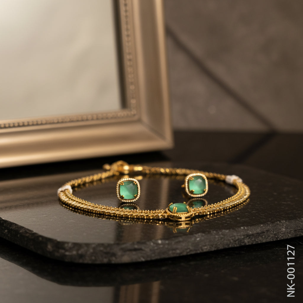 Emerald Green Gemstone Gold-Plated Bracelet & Earring Set - Elegant & Timeless Jewelry