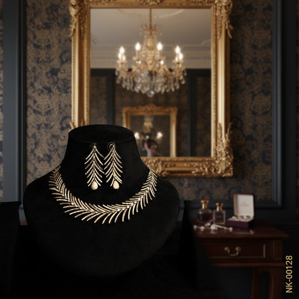 Elegant Feather Leaf Diamond Necklace & Earring Set - Gold Plated Statement Jewelry