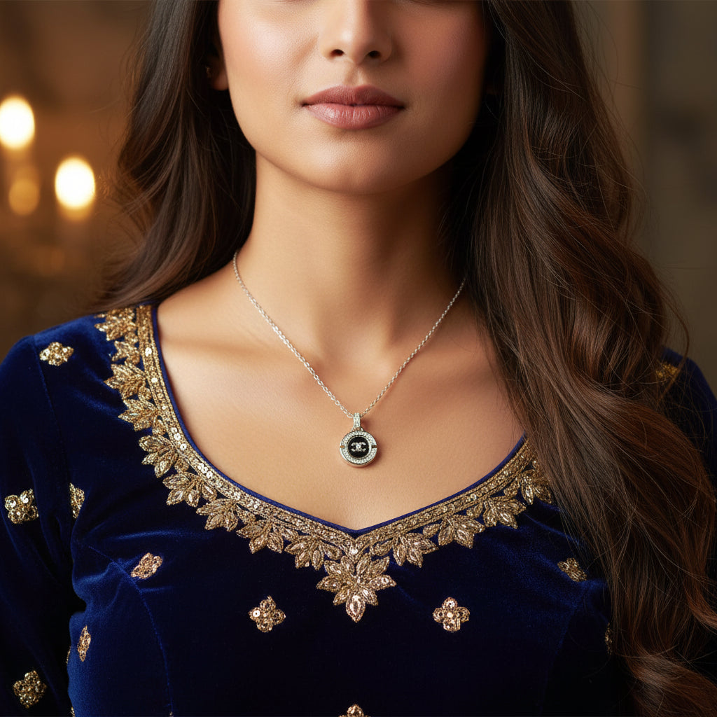 Elegant Silver Pendant Necklace with Enamel & CZ - Perfect for Formal & Casual Wear