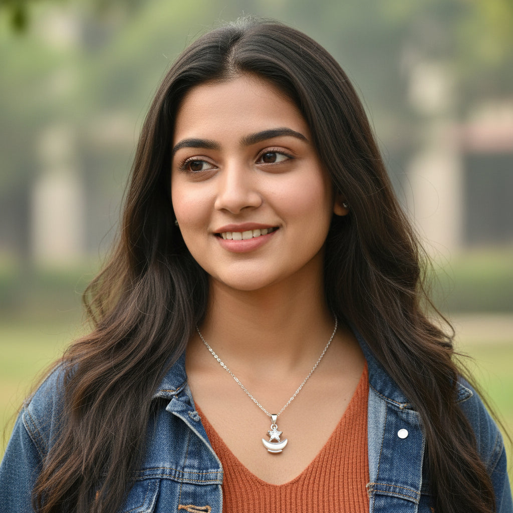 Crescent Moon & Star Silver Pendant Necklace for Women - Adjustable Chain, Dainty Everyday Jewelry