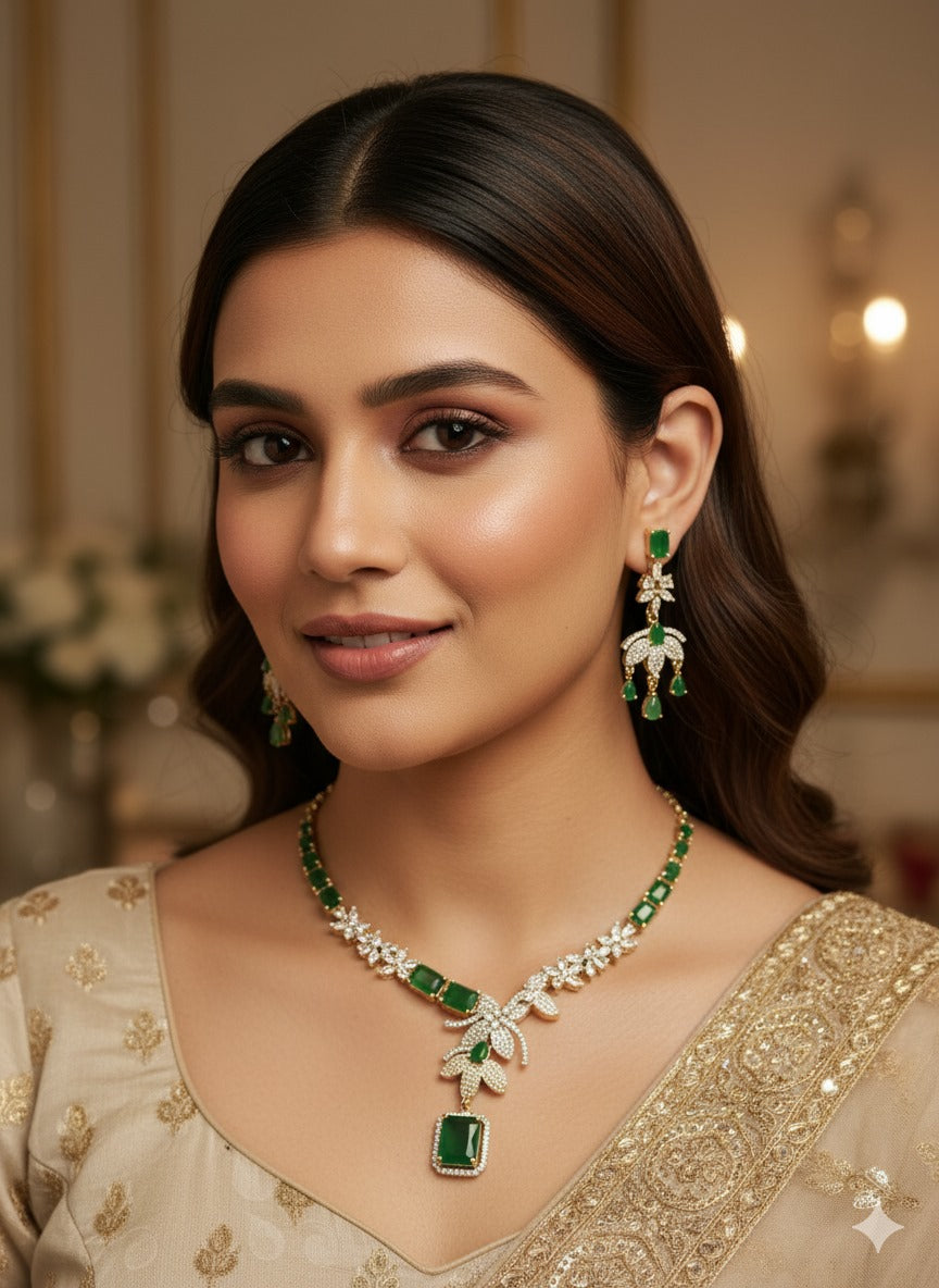 Emerald & Diamond Necklace Set | Exquisite Bridal & Party Wear Jewelry