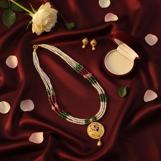 Exquisite Gold Plated Pearl & Gemstone Necklace Set with Matching Earrings