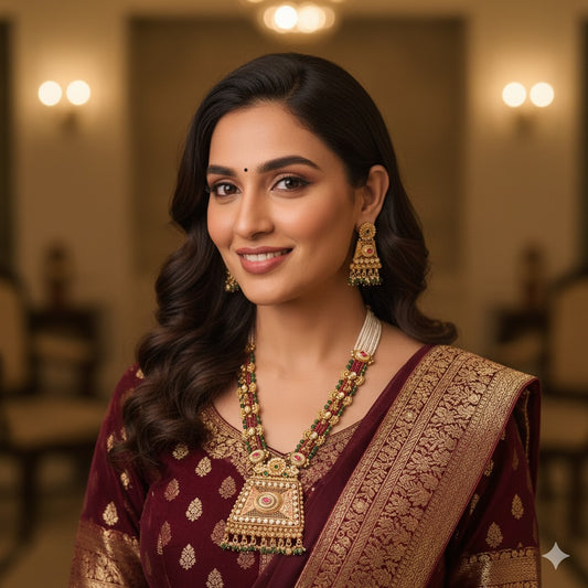 Kundan & Emerald Bridal Necklace Set with Gold Plating - Traditional Indian Jewelry