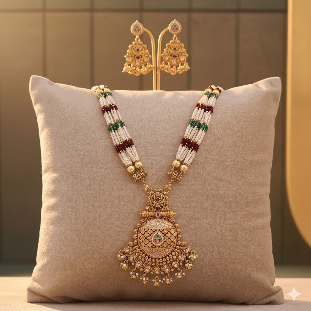 Traditional Indian Pearl & Gold Plated Necklace Set - Ethnic Bridal Jewelry