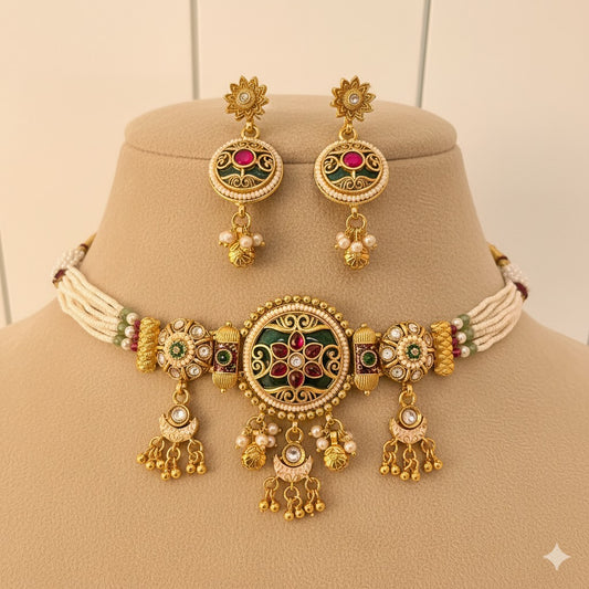 Ornate Gold Plated Choker Necklace & Earring Set - Kundan & Pearl Traditional Jewelry
