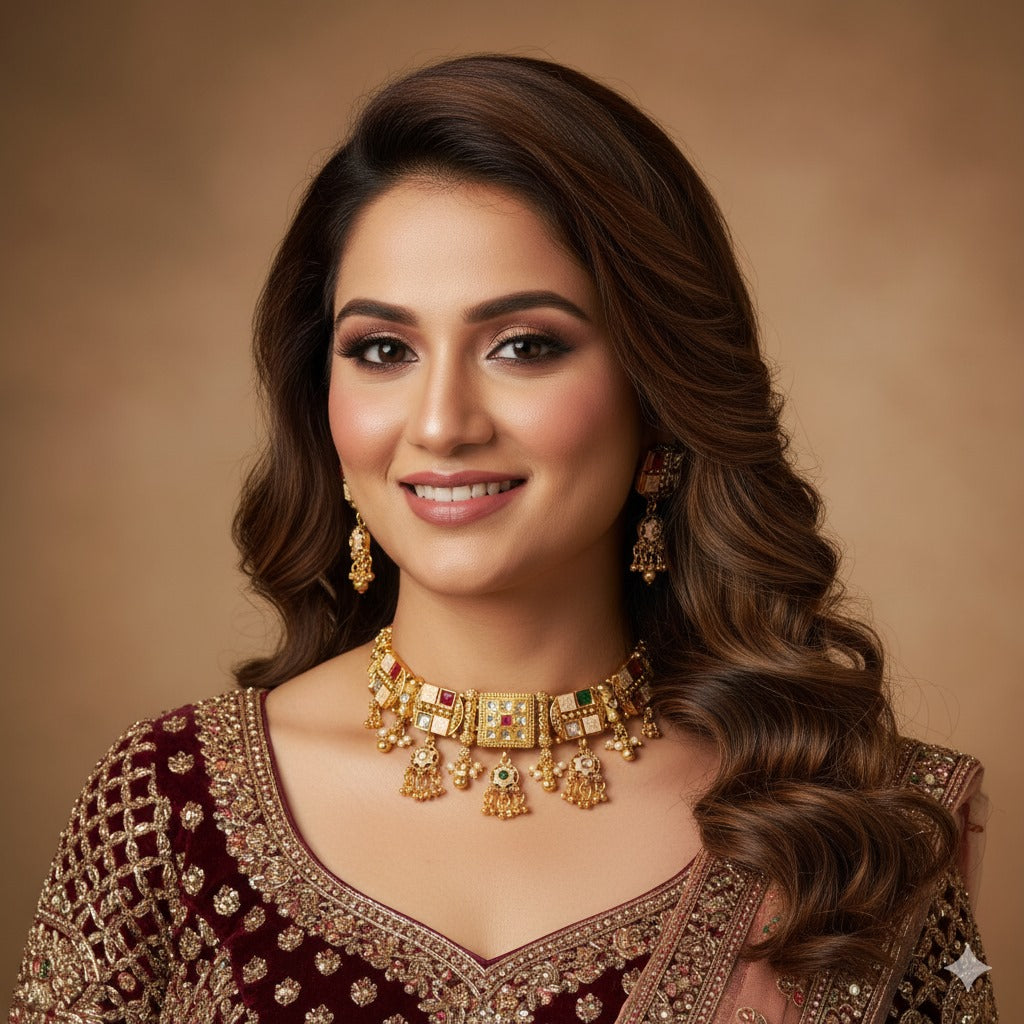 Emerald & Ruby Encrusted Gold-Plated Choker Necklace Set with Jhumka Earrings