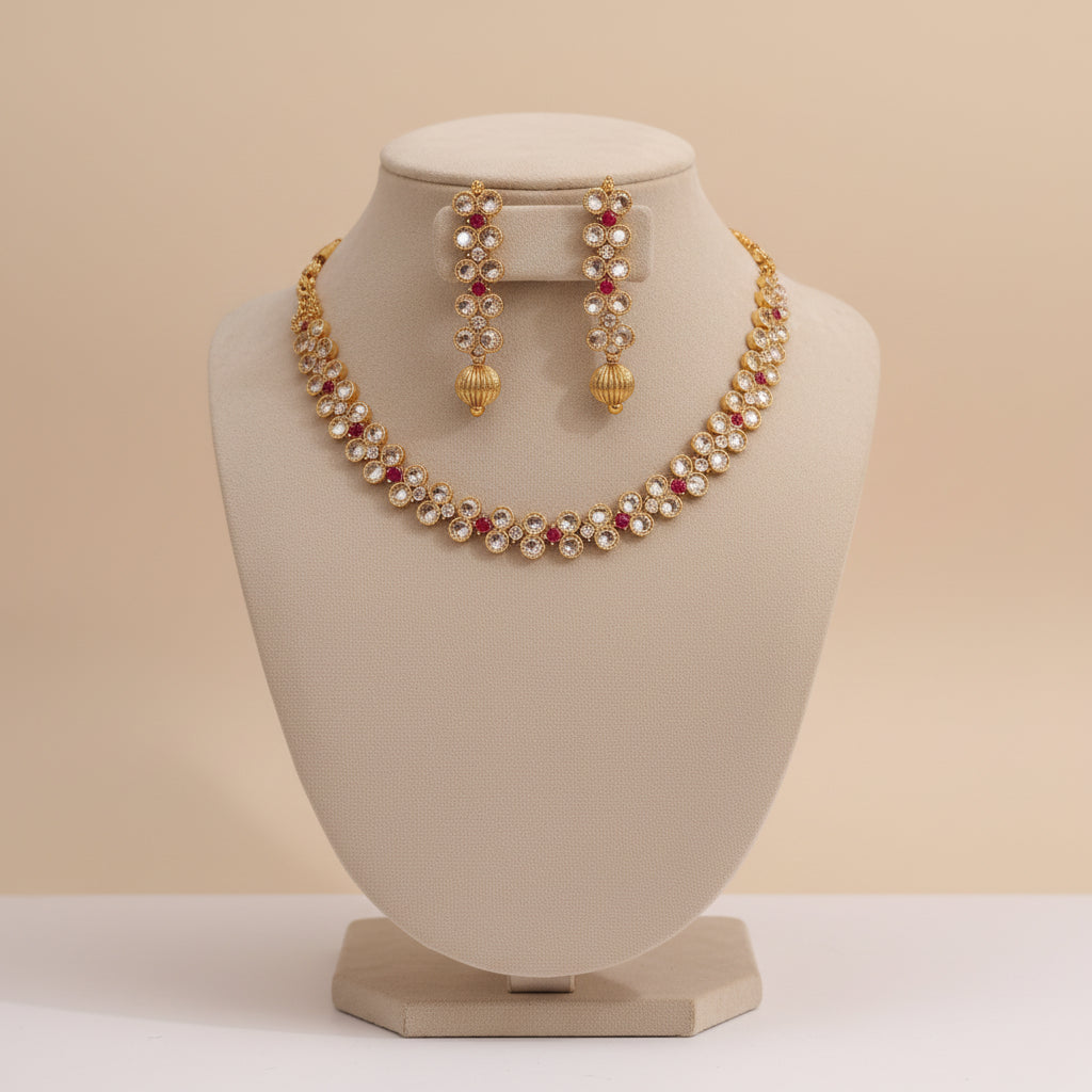 Ruby & Diamond Cluster Gold-Plated Necklace Set - Traditional Indian Jewelry