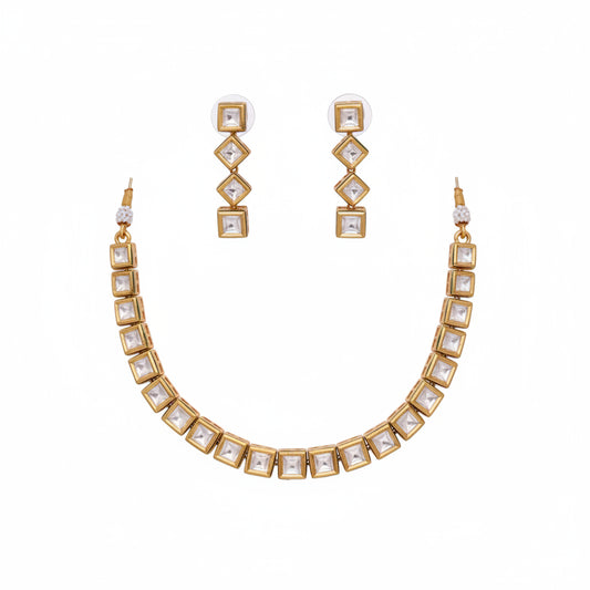 Elegant Square Cut Stone Choker Necklace & Earring Set - Gold Plated Indian Jewelry