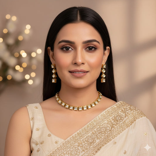 Elegant Square Cut Stone Choker Necklace & Earring Set - Gold Plated Indian Jewelry