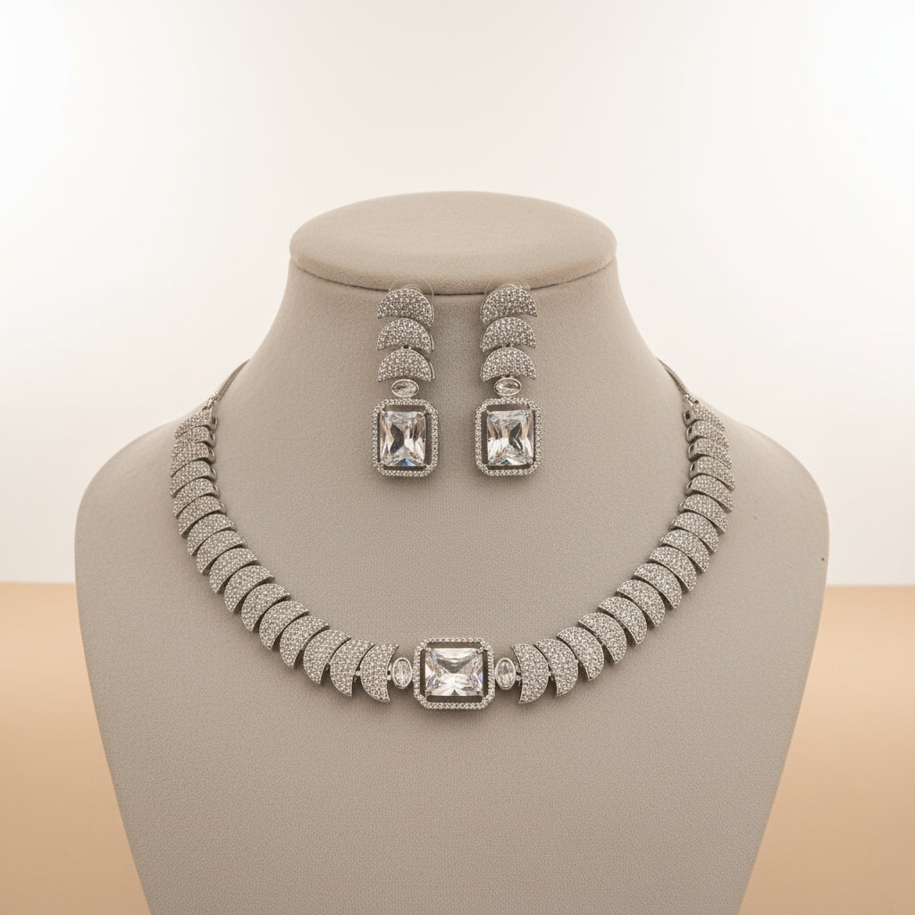 Exquisite Silver-Toned American Diamond Necklace & Earring Set | Bridal & Party Wear