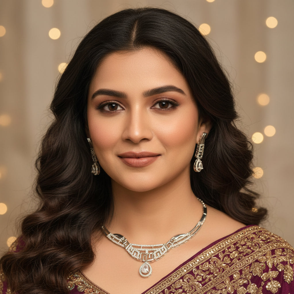 Elegant Zirconia & Rhodium-Plated Necklace & Earring Set - Bridal & Party Wear