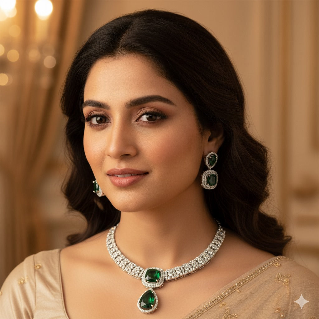 Emerald Green & White Zircon Adorned Silver-Toned Necklace Set | Festive & Bridal Jewelry