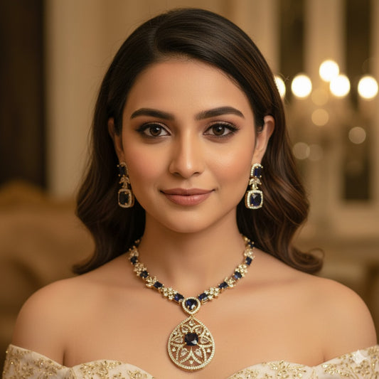 Elegant Sapphire & Zircon Gold-Plated Necklace Set | Bridal & Party Wear