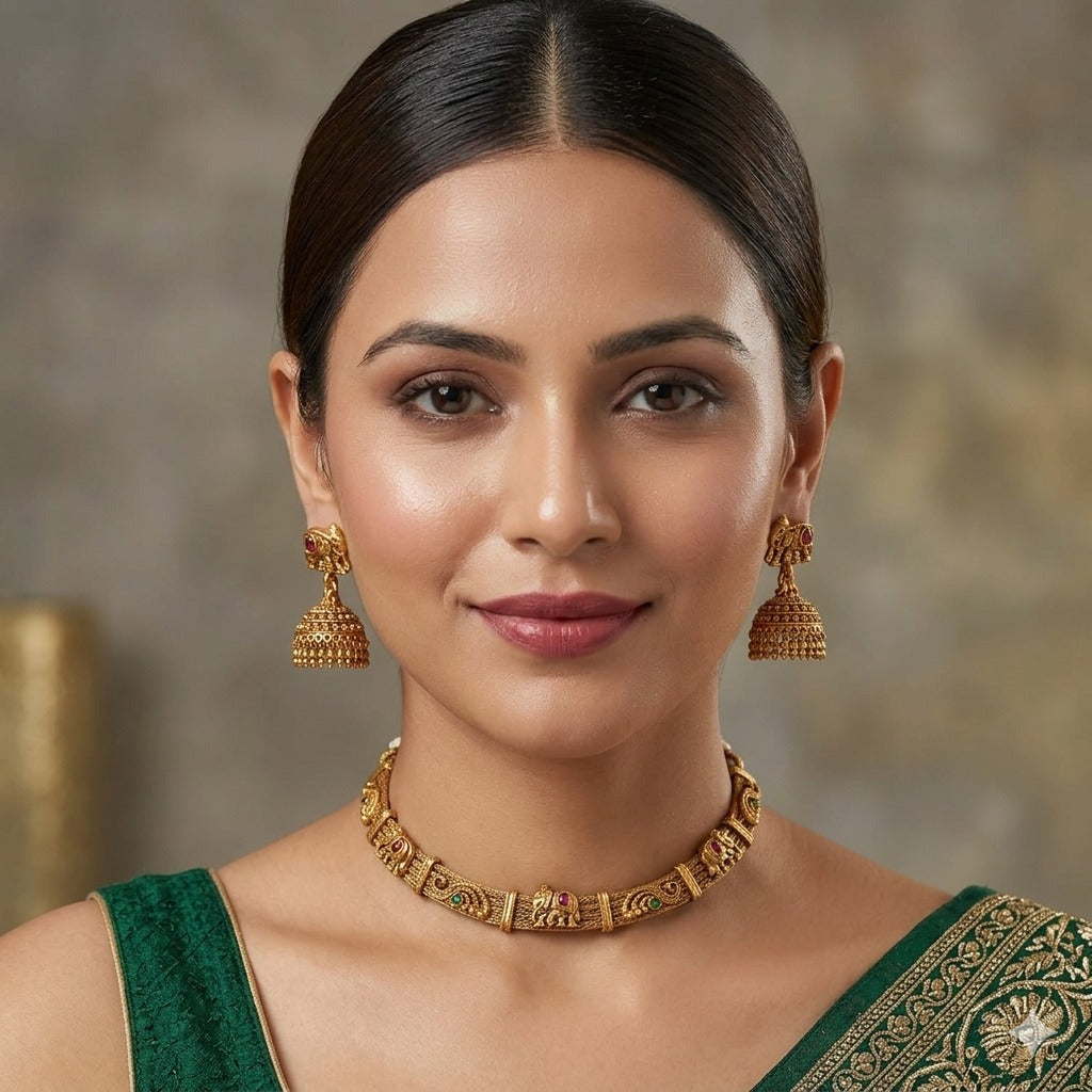 Antique Gold Elephant Temple Necklace & Jhumka Set