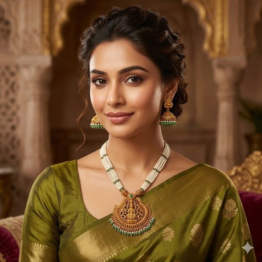 Lakshmi Pendant Pearl Necklace & Jhumka Earrings Set