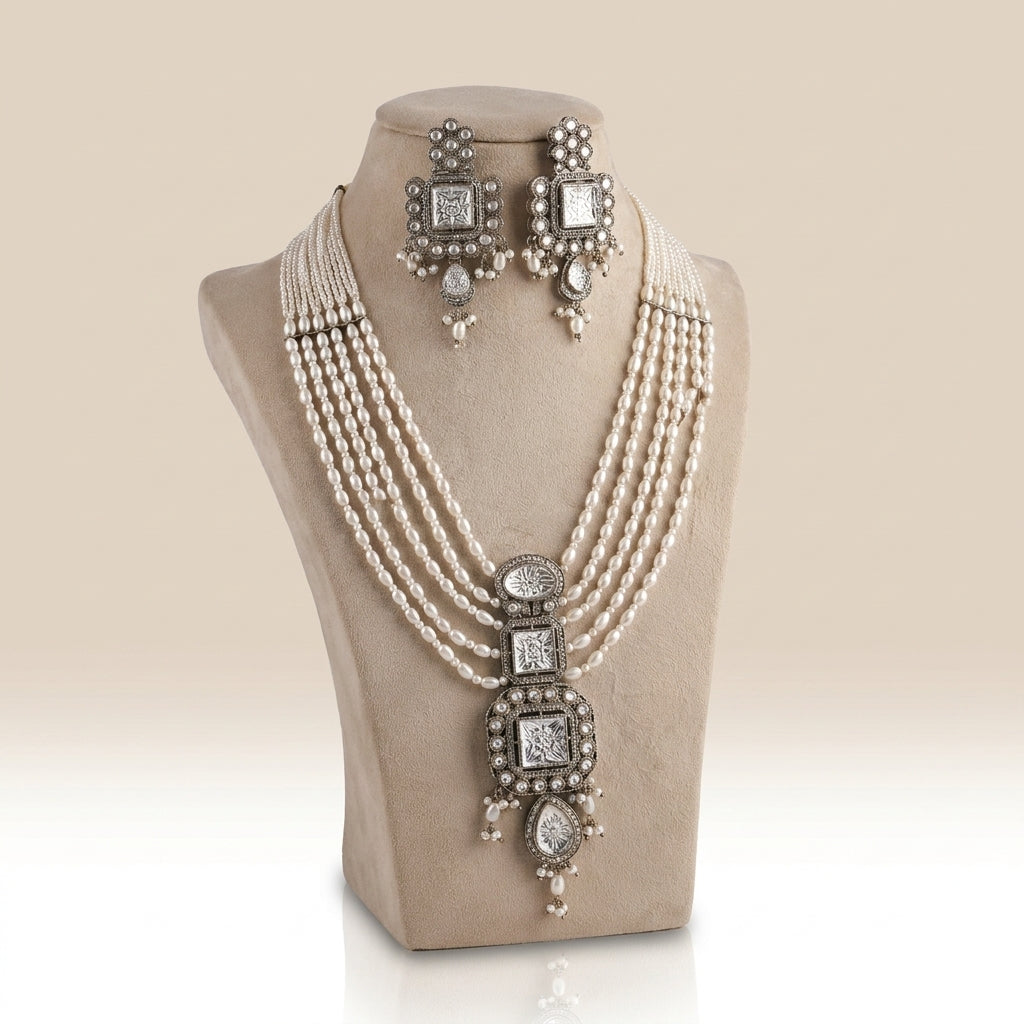 Antique Silver & White Pearl Multi-Strand Choker Necklace Set
