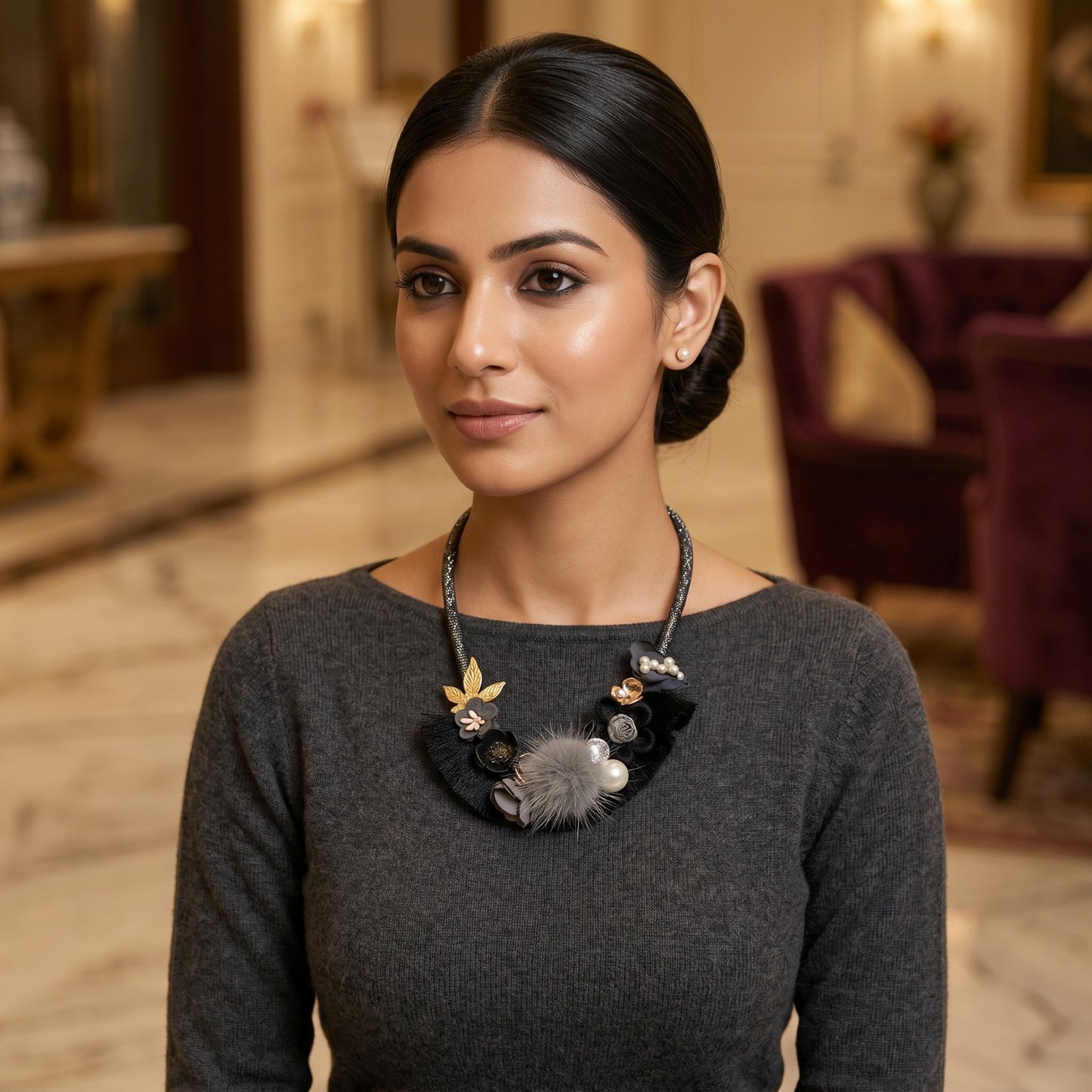 Grey Fur Pom-Pom and Pearl Floral Statement Necklace