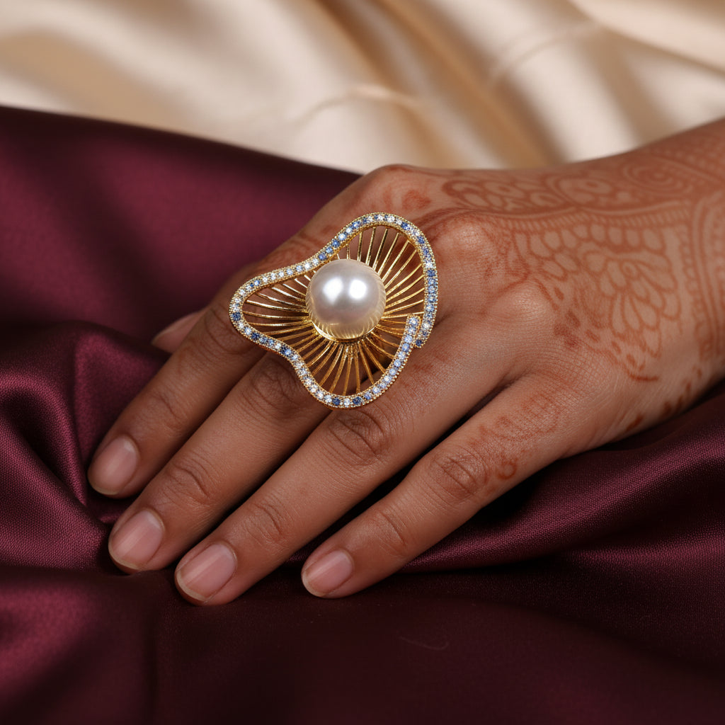Statement Pearl Ring in Gold Finish with Blue & White Crystals