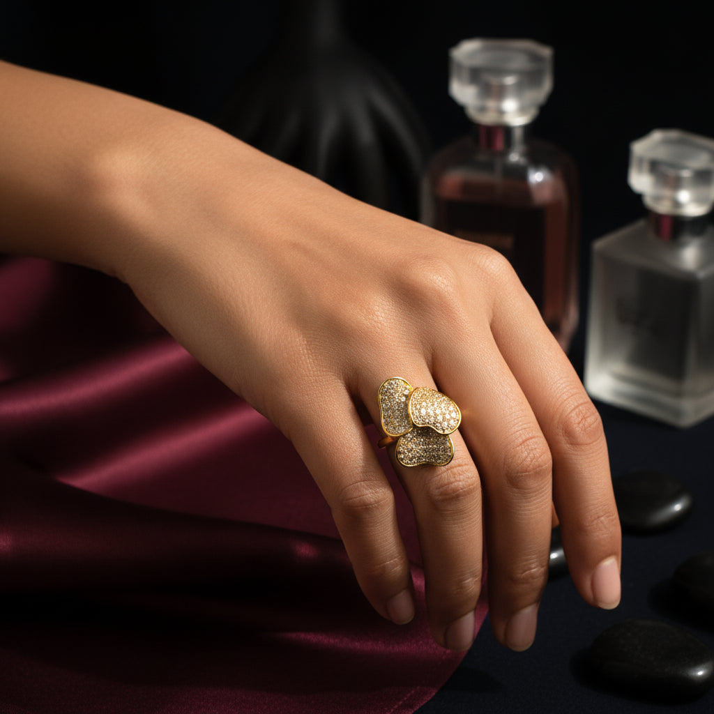 Triple Petal Gold Crystal Statement Ring