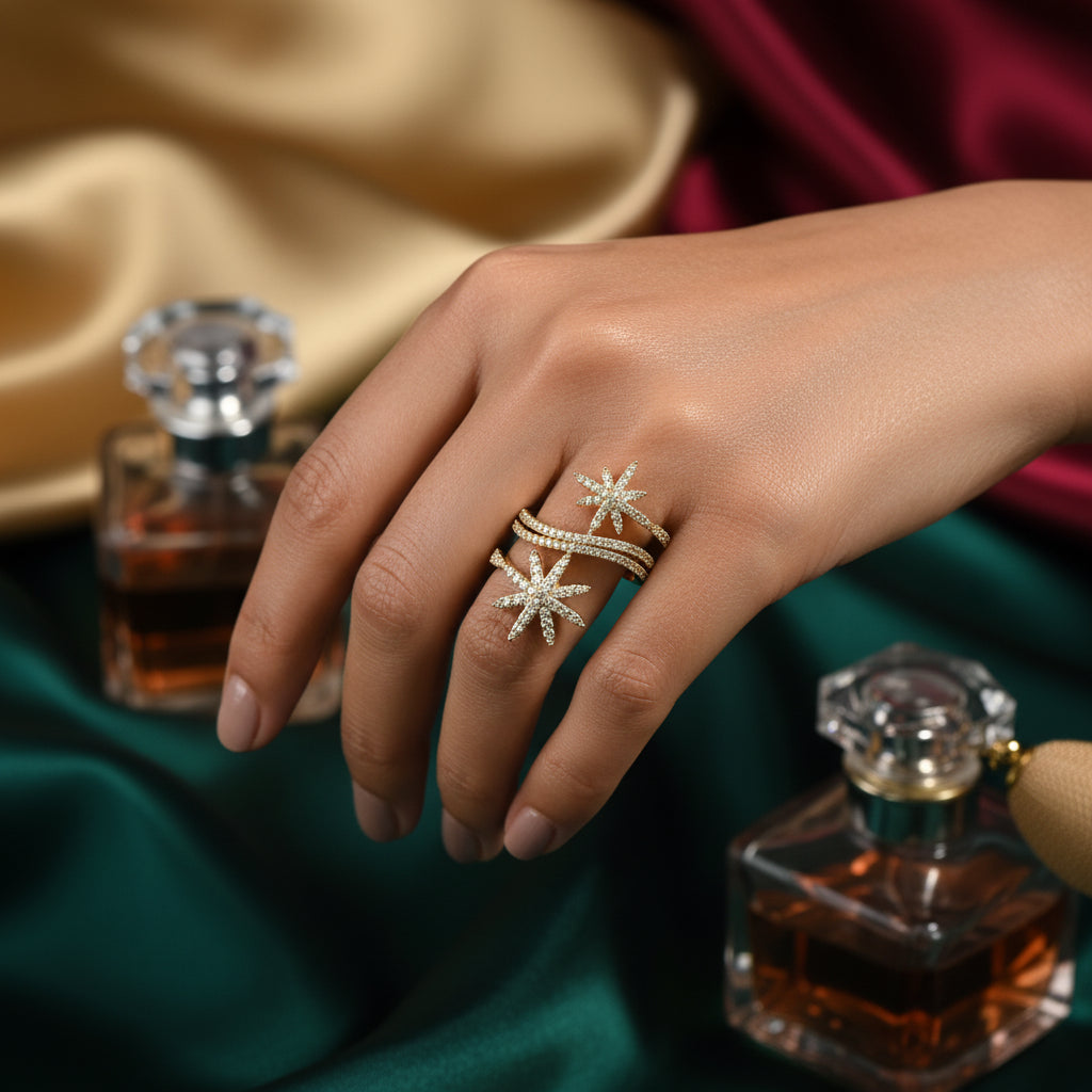 Sparkling Double Starburst Wrap Statement Ring