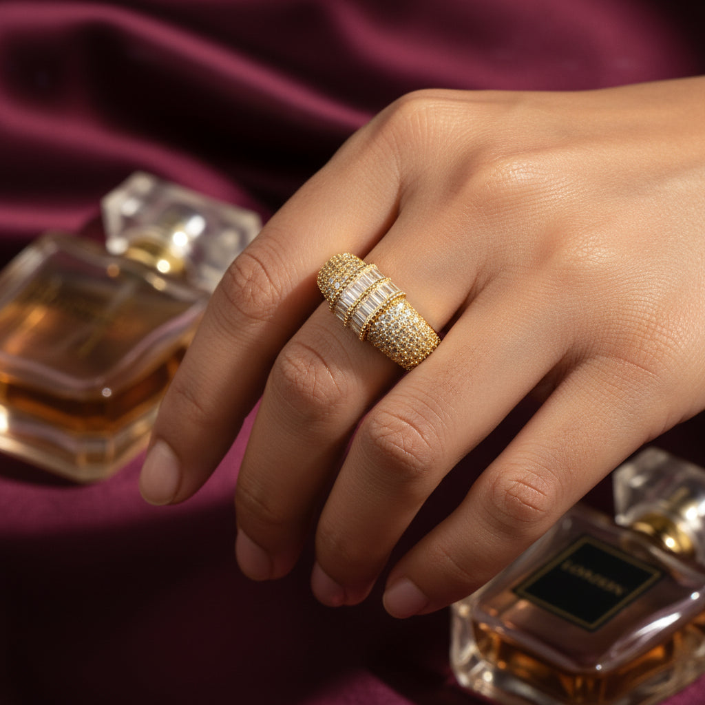 Glamorous Gold Wide Band Ring with Baguette and Pavé Stones