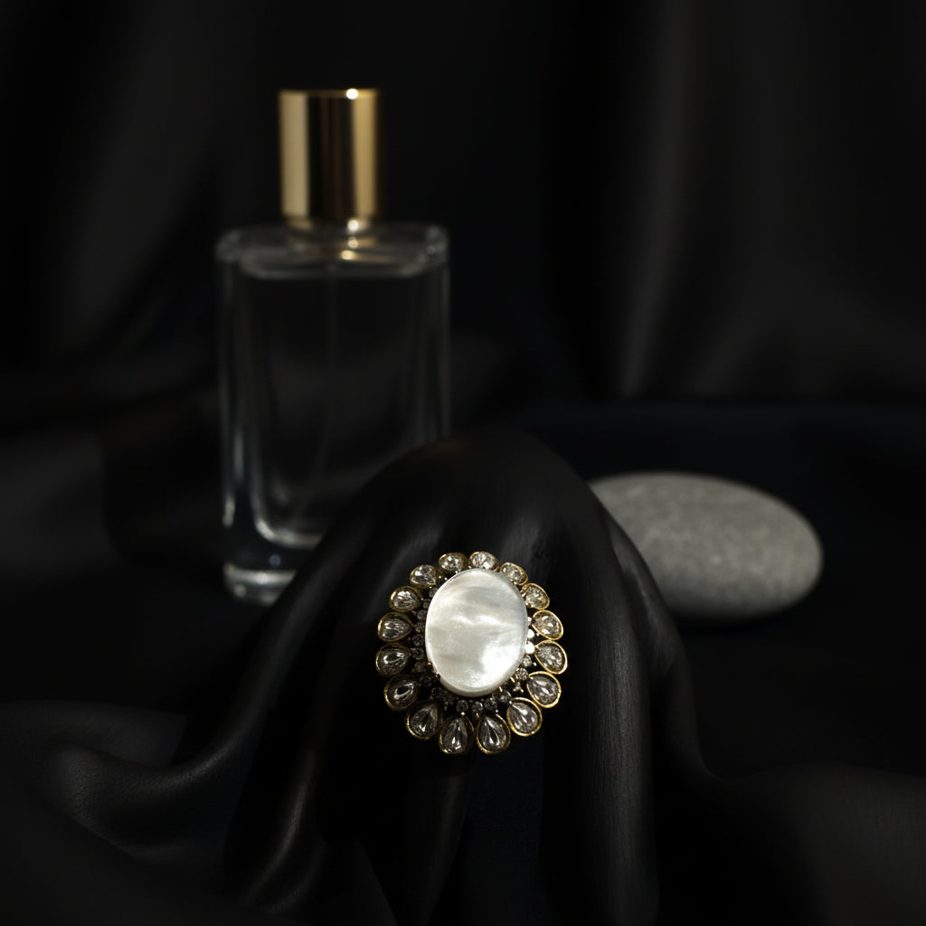 Vintage Style Pearl and Crystal Cocktail Ring in Antique Gold