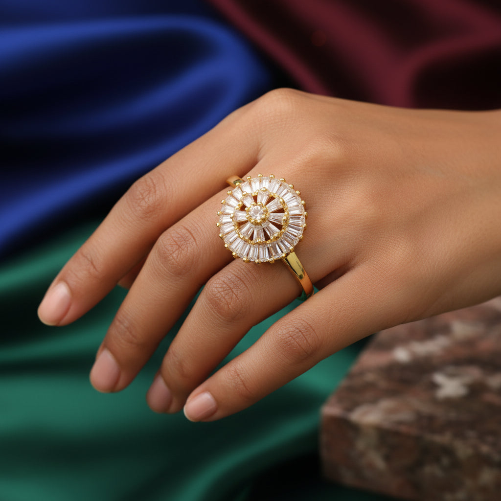 Elegant Gold Plated Baguette Diamond Ring - Sparkling Statement Jewelry