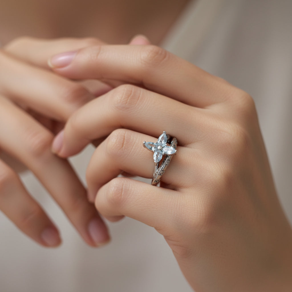 Sterling Silver Flower & Crystal Adjustable Ring - Elegant & Hypoallergenic
