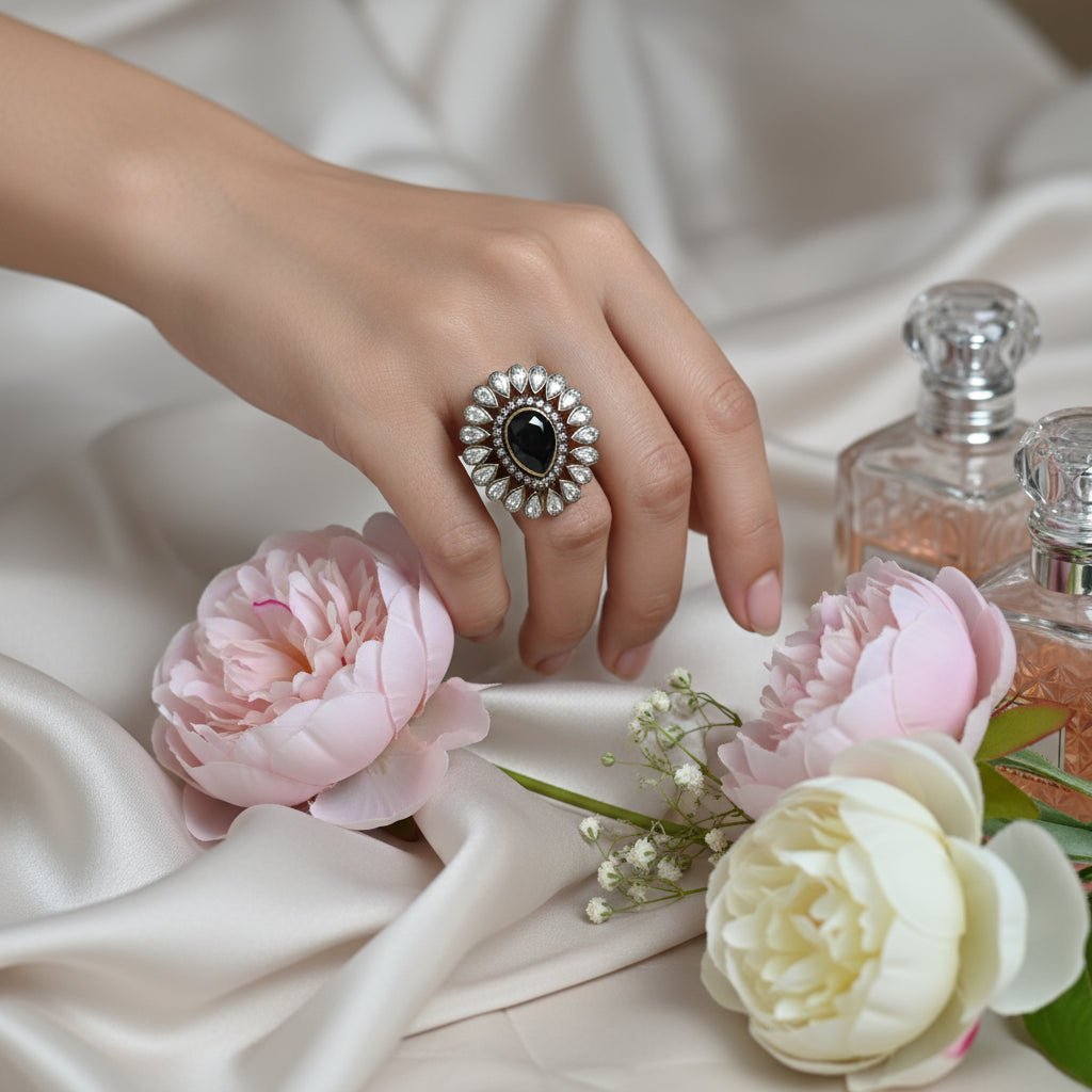 Royal Black Stone & White Kundan Adjustable Finger Ring for Women