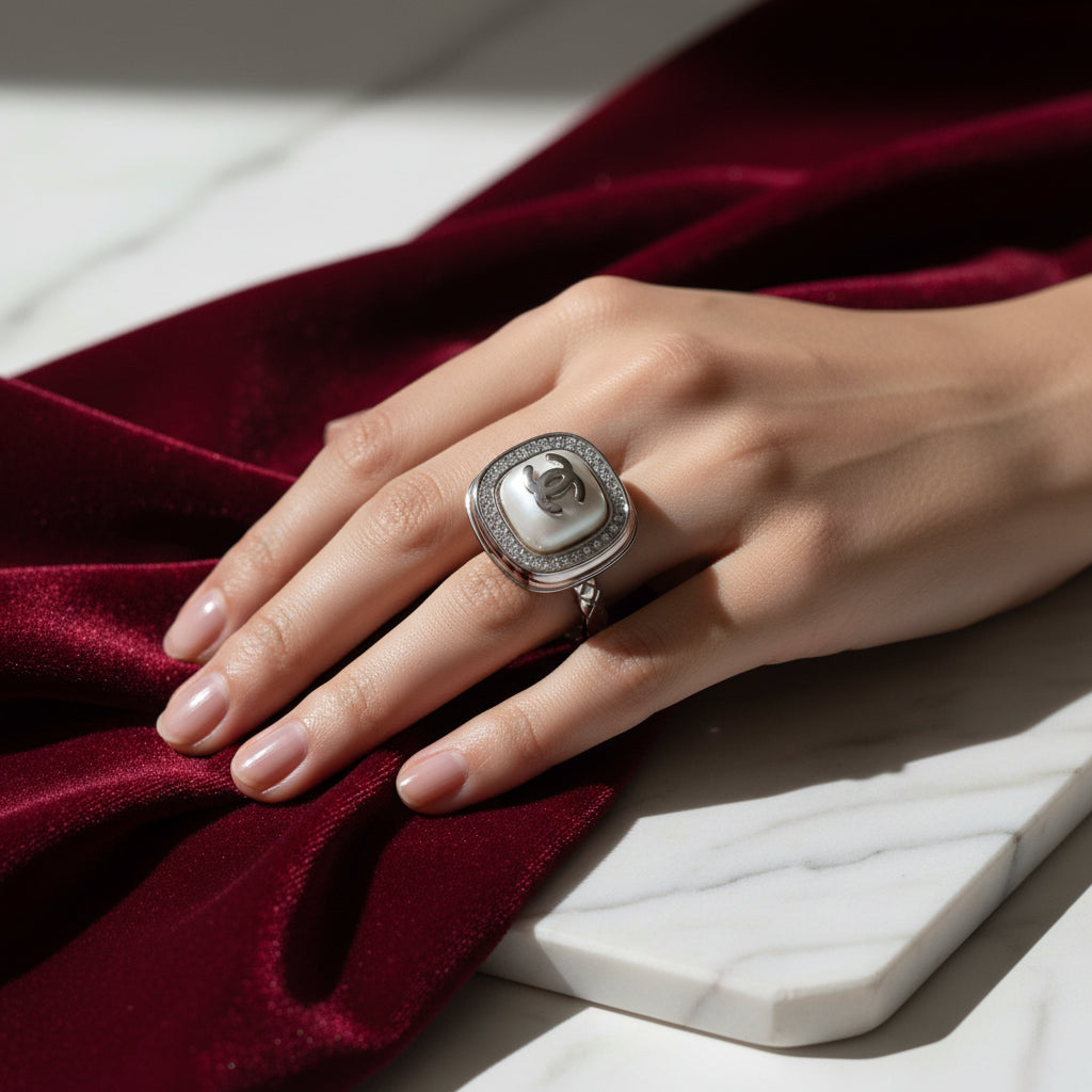 Elegant Pearl & Pave Crystal Cushion Ring - Sterling Silver Plated Cocktail Jewelry