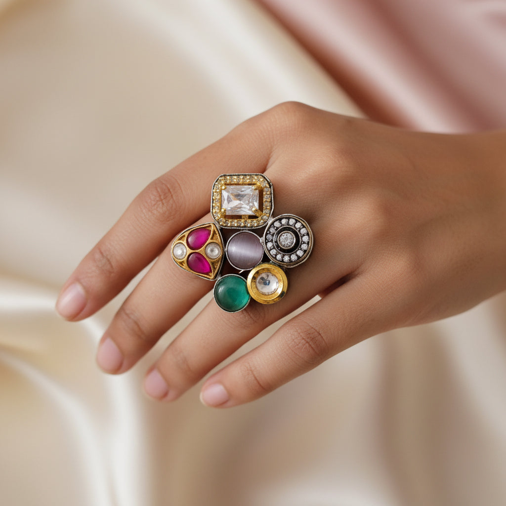 Multi-Gemstone Statement Ring - Adjustable, Boho Chic, Handcrafted Jewelry