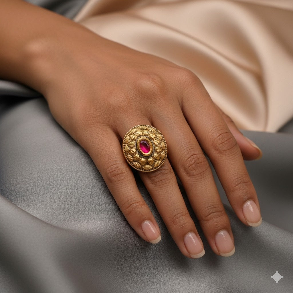 Regal Gold-Plated Ruby-Embellished Round Cocktail Ring - Traditional Ethnic Statement Jewelry