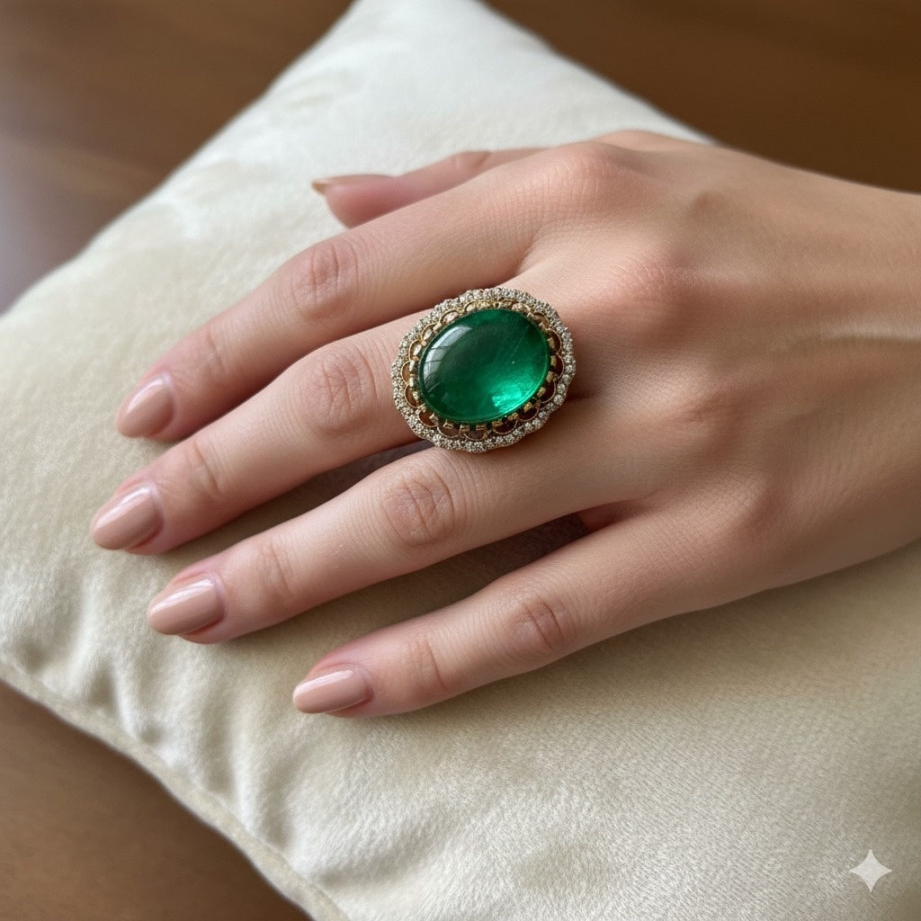 Regal Emerald & Diamond Cocktail Ring - Exquisite Gold Statement Piece