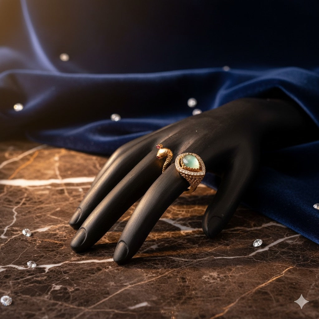 Elegant Gold Teardrop Gemstone & Serpent Ring Set - Unique Statement Jewelry