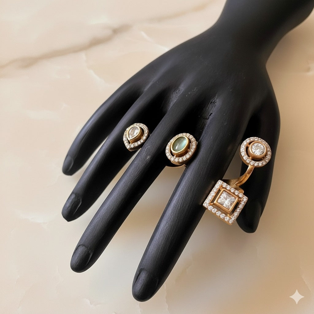 Elegant Gold & Diamond Finger Rings Set - Adjustable Statement Jewelry