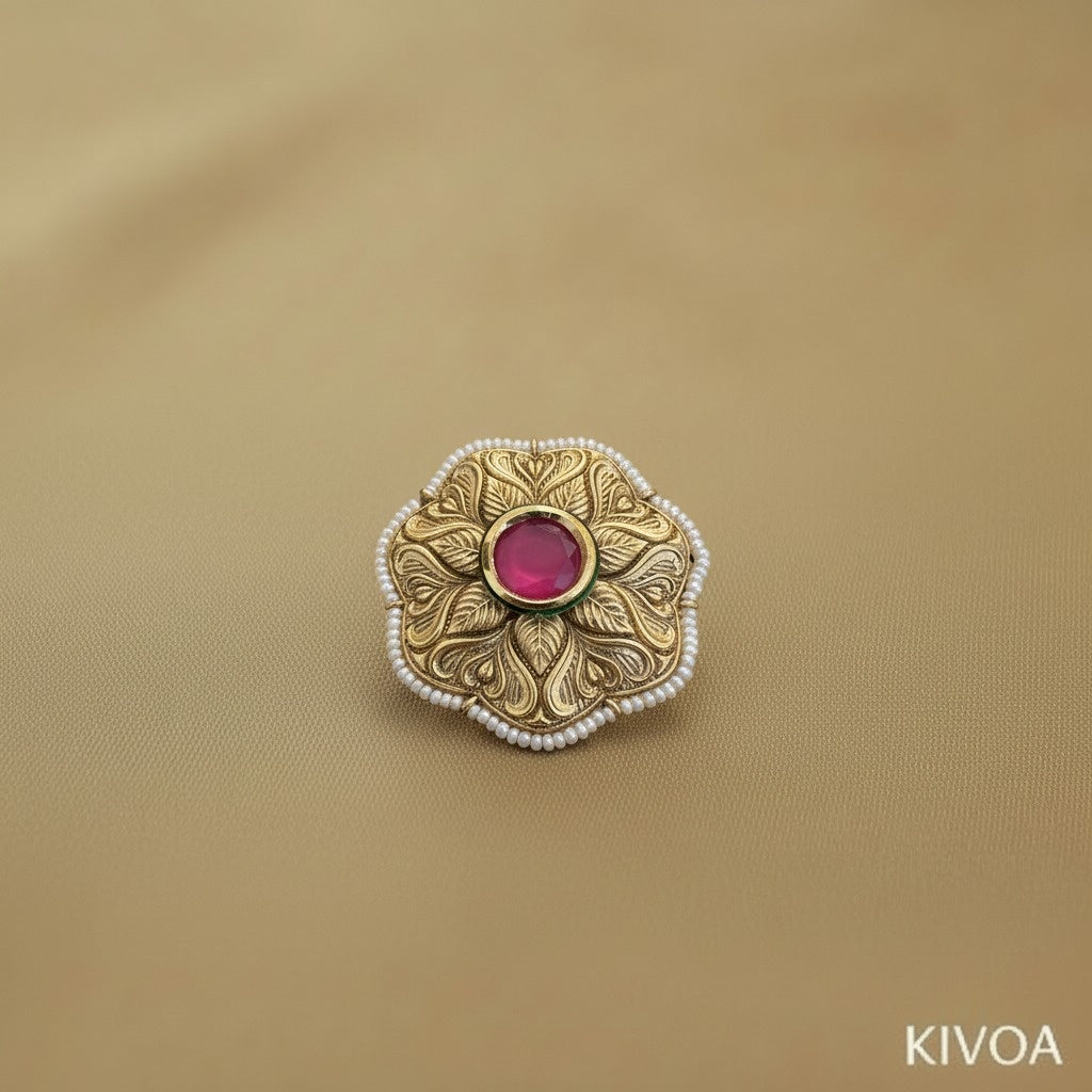 Antique Gold Floral Statement Ring with Ruby Red Stone & Pearl Halo - Ethnic Jewelry