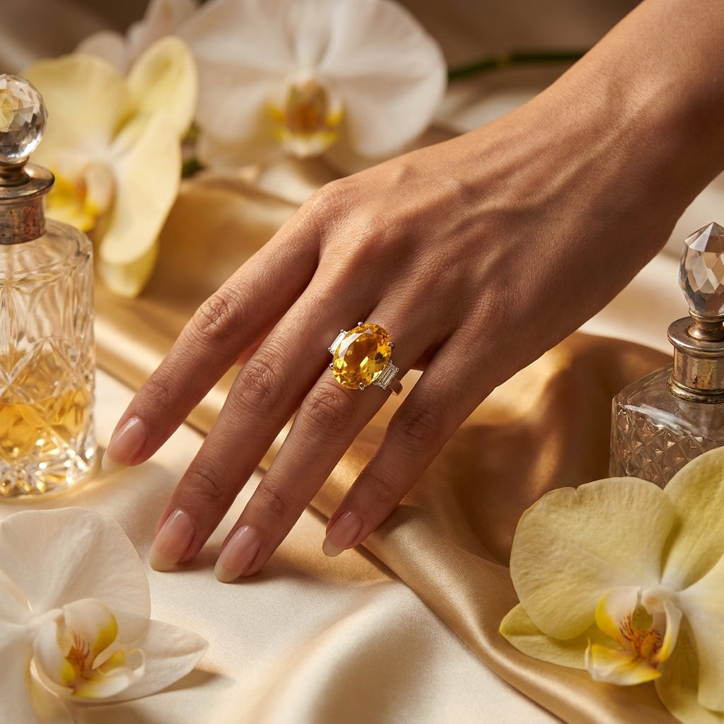 Radiant Yellow Oval Cocktail Ring with Baguette Accents